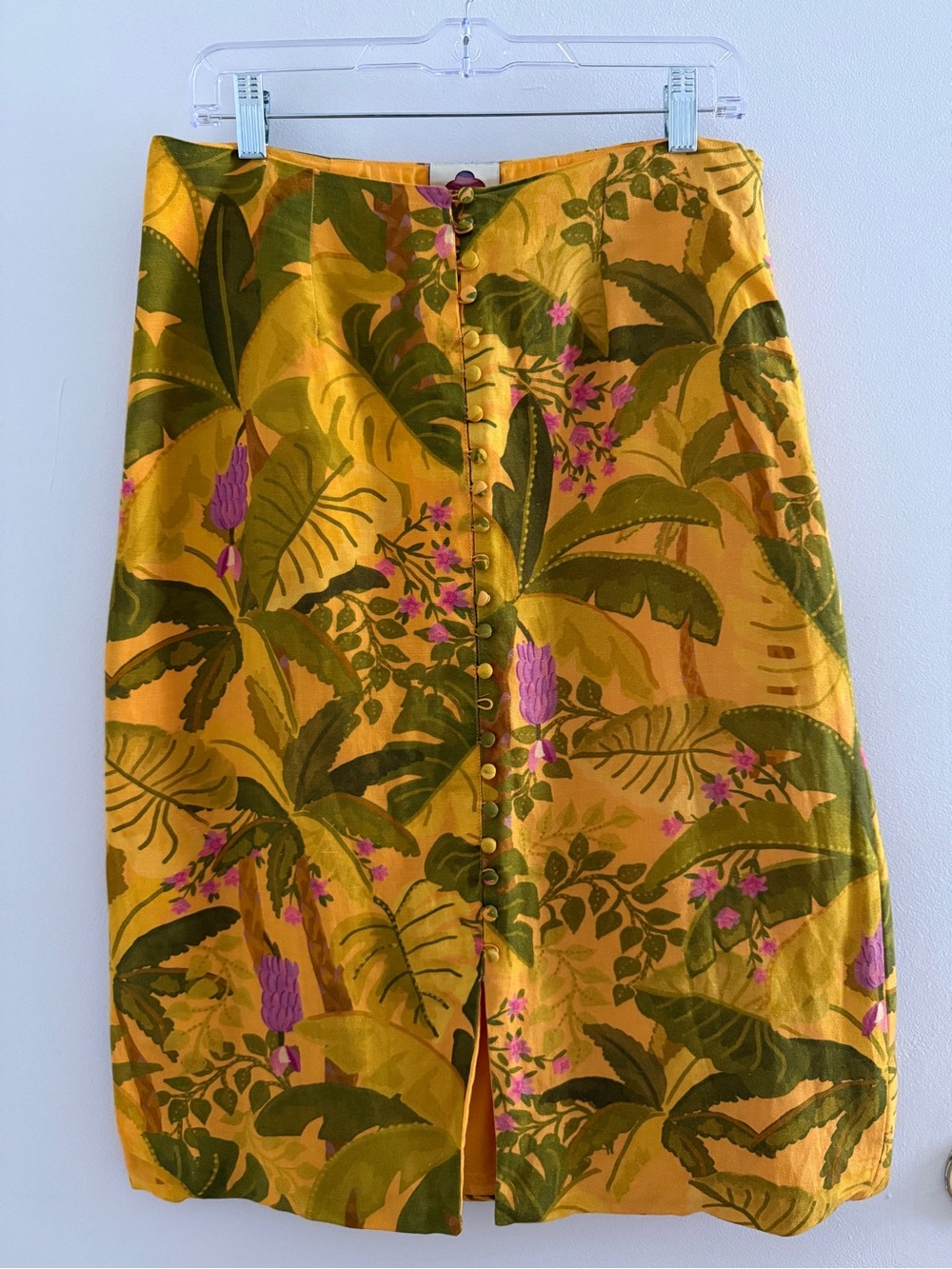FARM Rio Banana Leaf Yellow Gold Linen Midi Skirt Medium - Picture 1 of 10